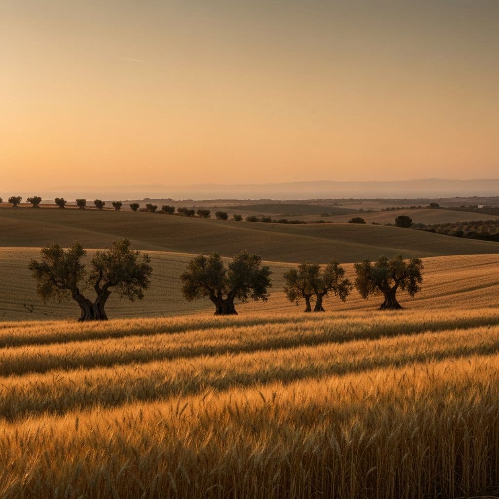 Campi di grano dorato al tramonto in Puglia, Italia - paesaggio mediterraneo con ulivi